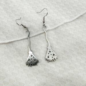 Silver Celestial Witch Broomstick Earrings, Halloween Earrings, Celestial
